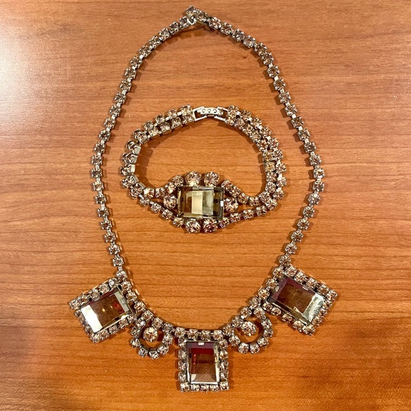 Vintage Necklace Bracelet Set Amber Glass & Rhinestone Rectangular - Picture 8 of 17